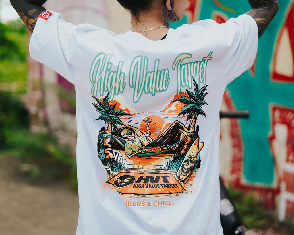 HIGH VALUE TARGET "CHEERS AND CHILL" (WHITE) CVC Cotton T-Shirt - SMALL to 2XL sizes