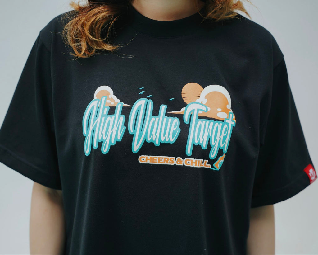 HIGH VALUE TARGET "CHEERS AND CHILL" (BLACK CVC Cotton Unisex T-SHIRT )