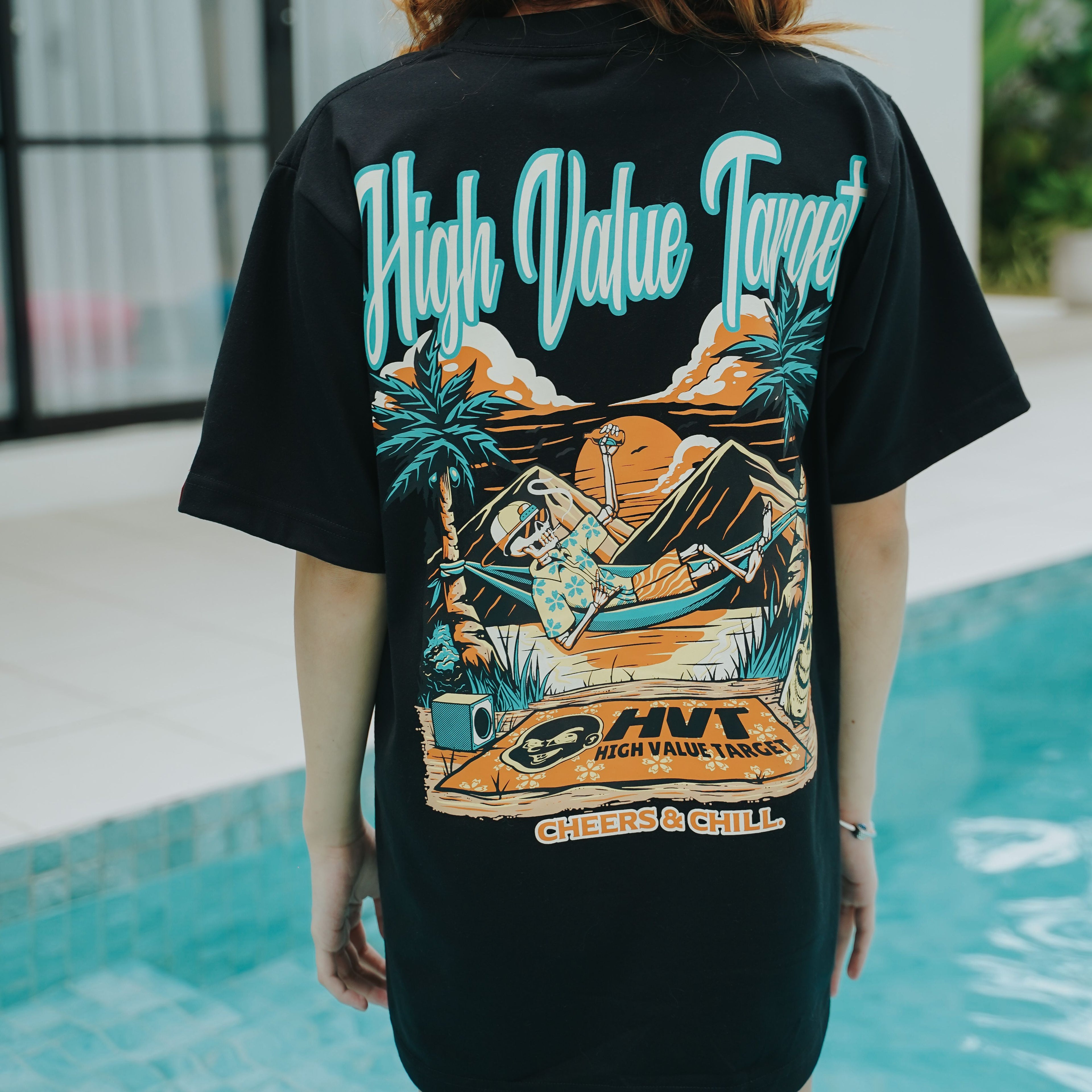 HIGH VALUE TARGET "CHEERS AND CHILL" (BLACK CVC Cotton Unisex T-SHIRT )