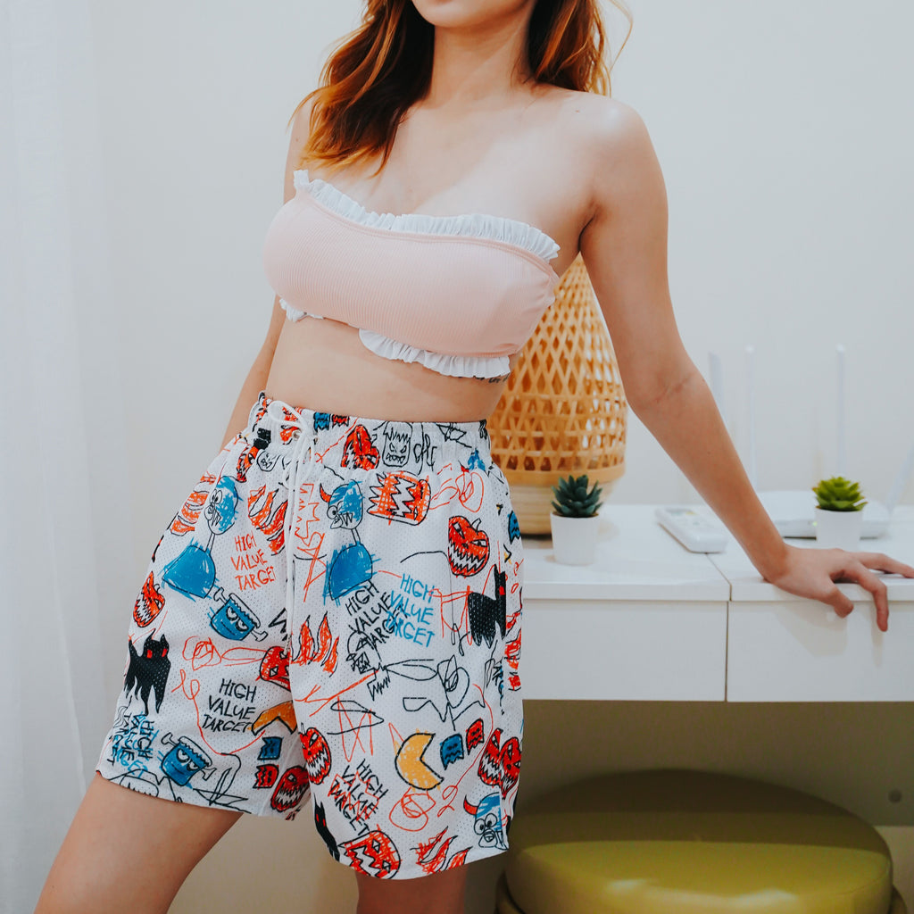 HIGH VALUE TARGET "DOODLE / PUMPKIN " MESH SHORTS - WHITE