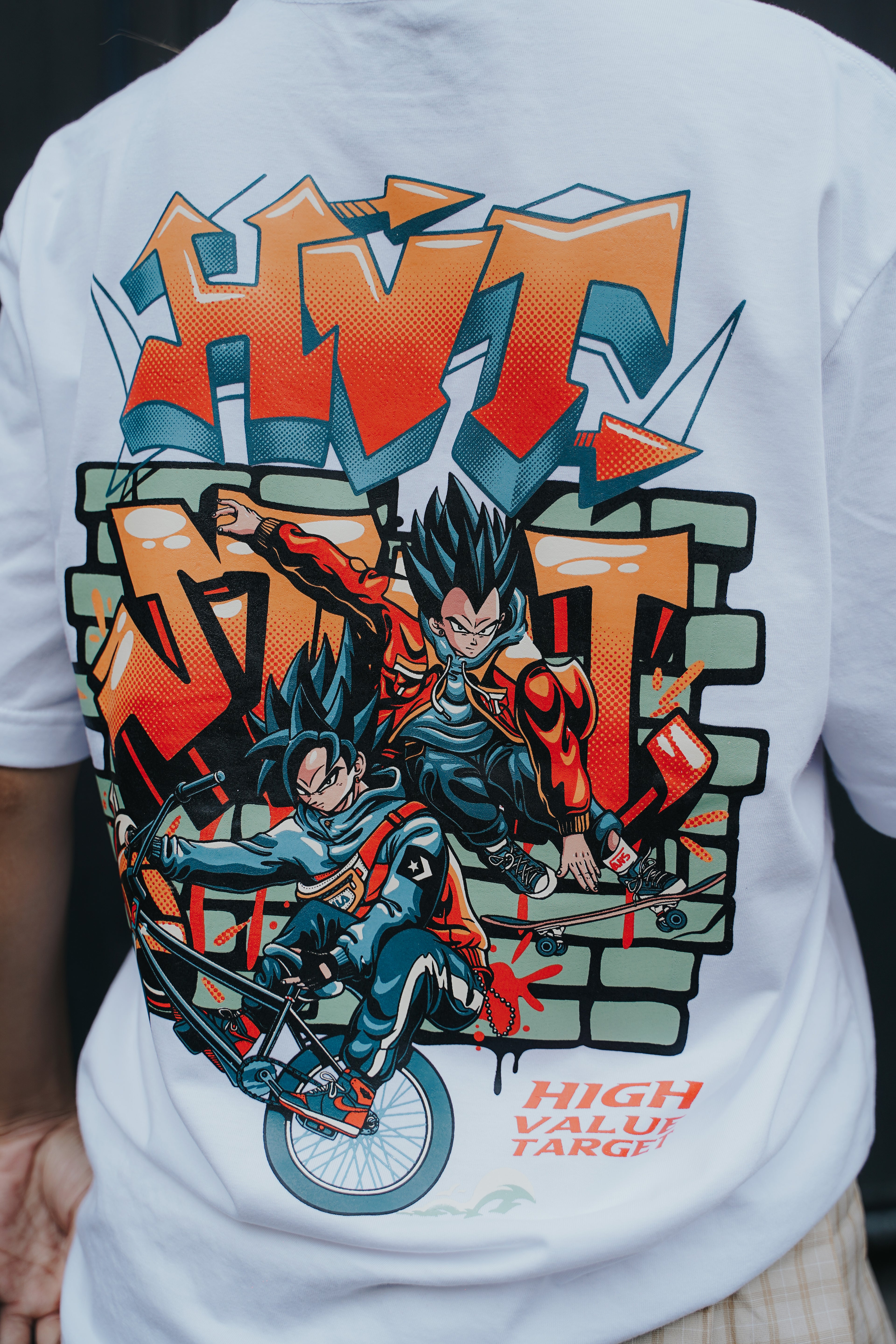 HIGH VALUE TARGET  "HVT STREET" GOKU AND VEGETA (WHITE) 100% Cotton T-Shirt