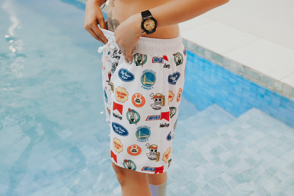 HIGH VALUE TARGET "HVT MIXED LOGOS" MESH SHORTS - WHITE