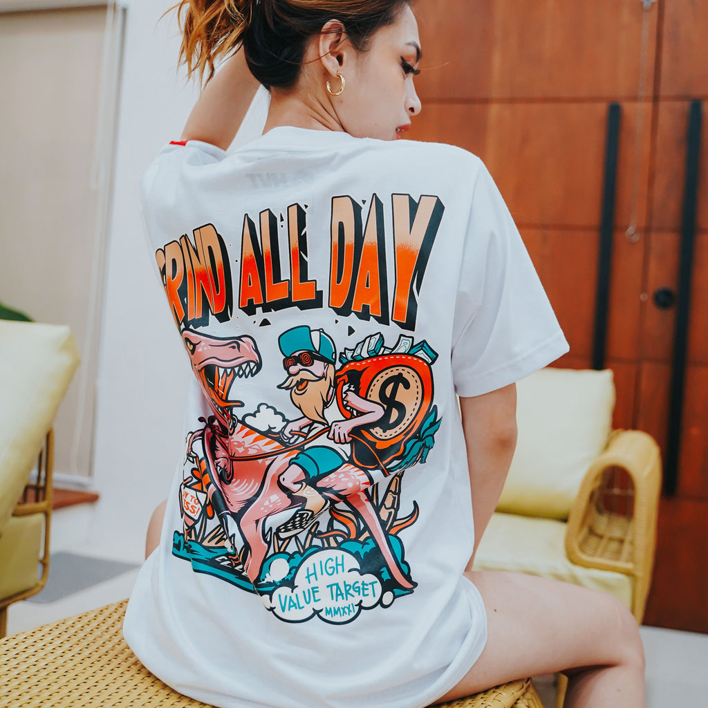 HIGH VALUE TARGET "GRIND ALL DAY " WHITE CVC COTTON UNISEX T-SHIRT