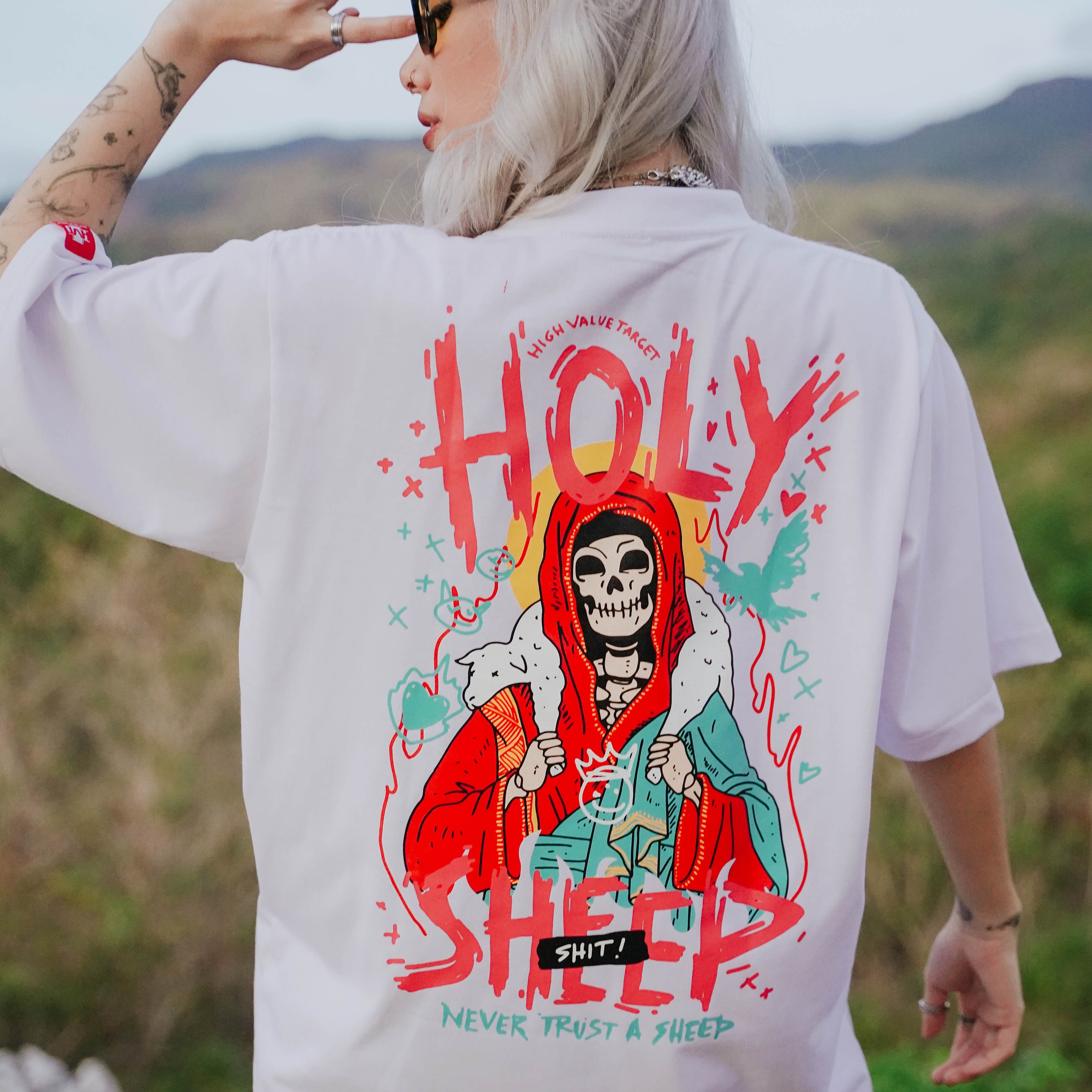 HIGH VALUE TARGET "HOLY SHEEP!" WHITE CVC Cotton Unisex T-Shirt