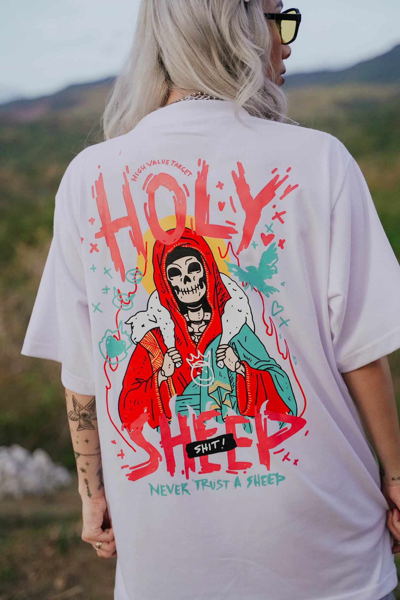 HIGH VALUE TARGET "HOLY SHEEP!" WHITE CVC Cotton Unisex T-Shirt