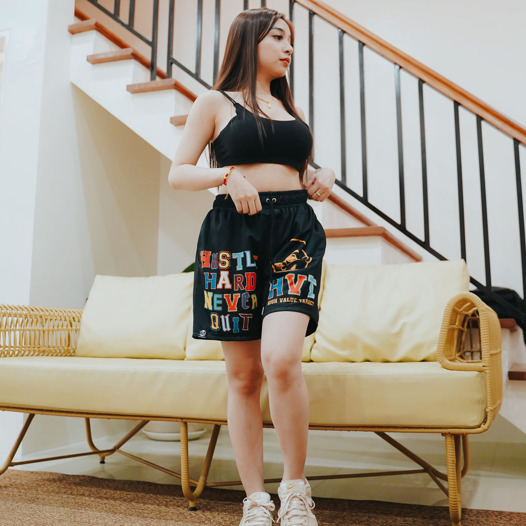 HIGH VALUE TARGET "HUSTLE HARD " MESH SHORTS - BLACK