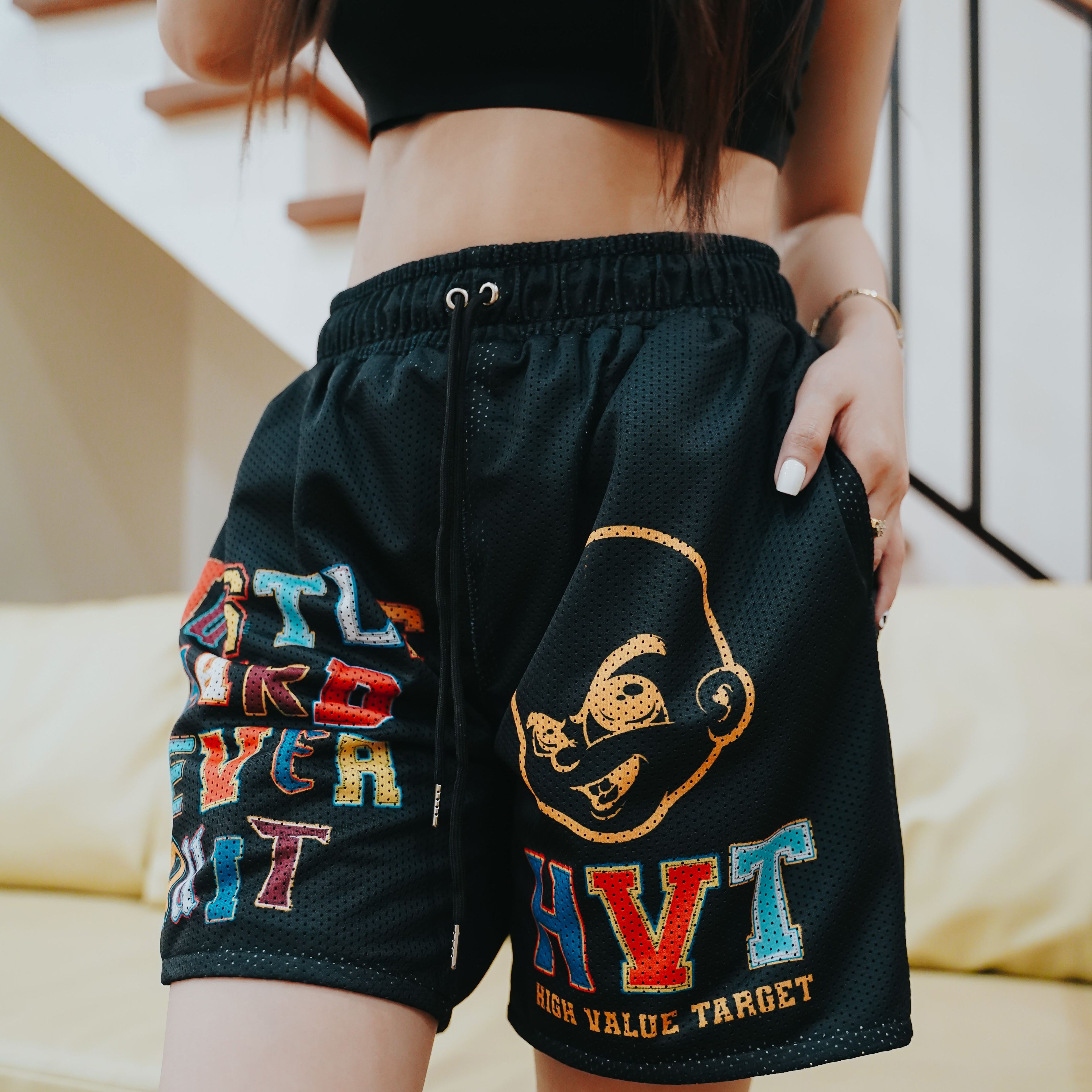 HIGH VALUE TARGET "HUSTLE HARD " MESH SHORTS - BLACK