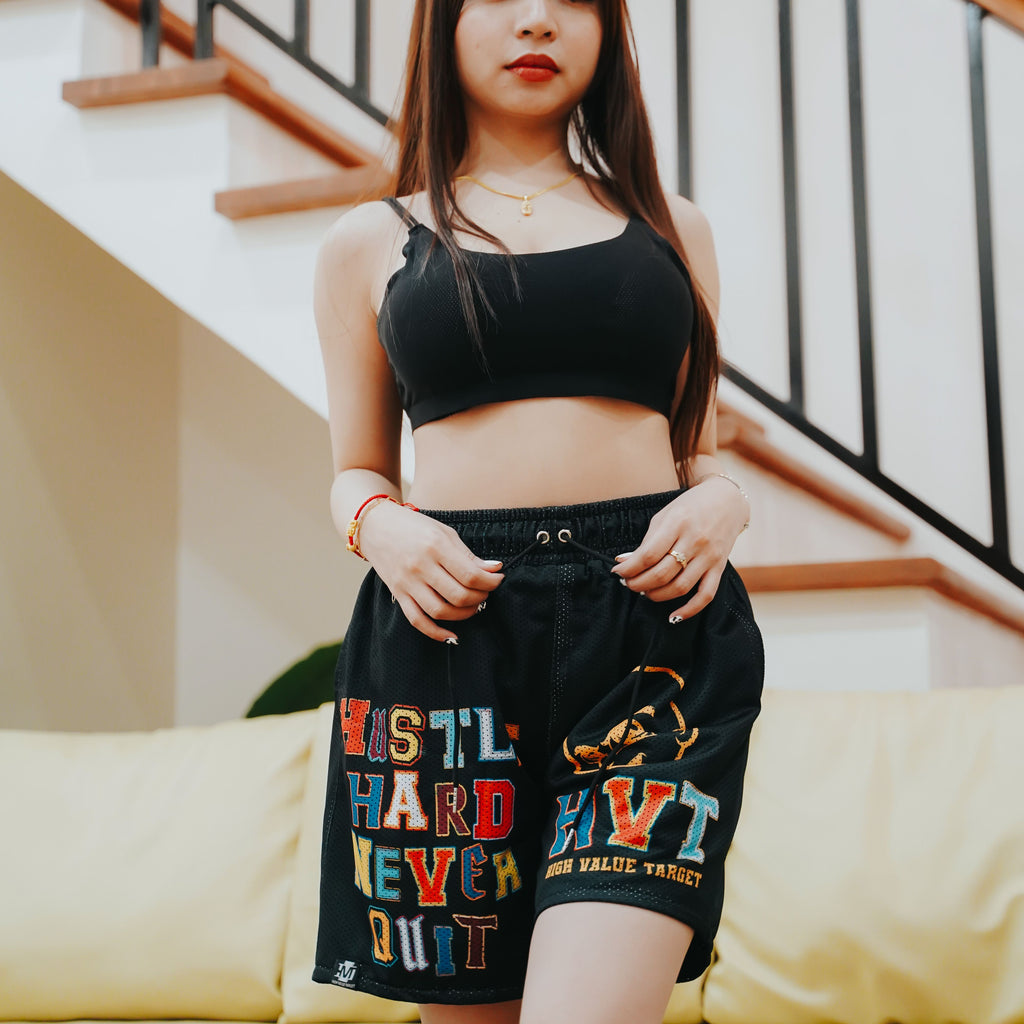 HIGH VALUE TARGET "HUSTLE HARD " MESH SHORTS - BLACK