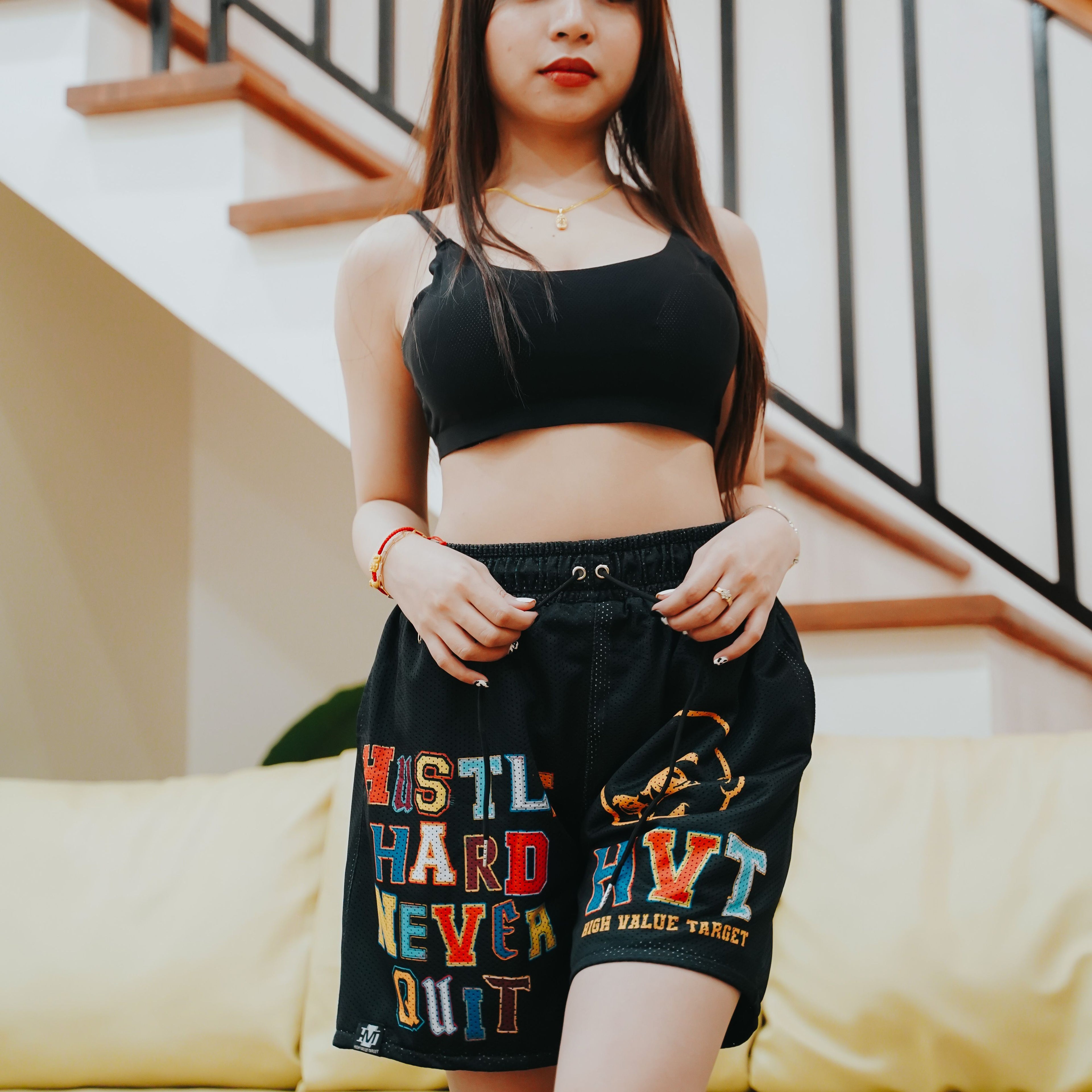 HIGH VALUE TARGET "HUSTLE HARD " MESH SHORTS - BLACK