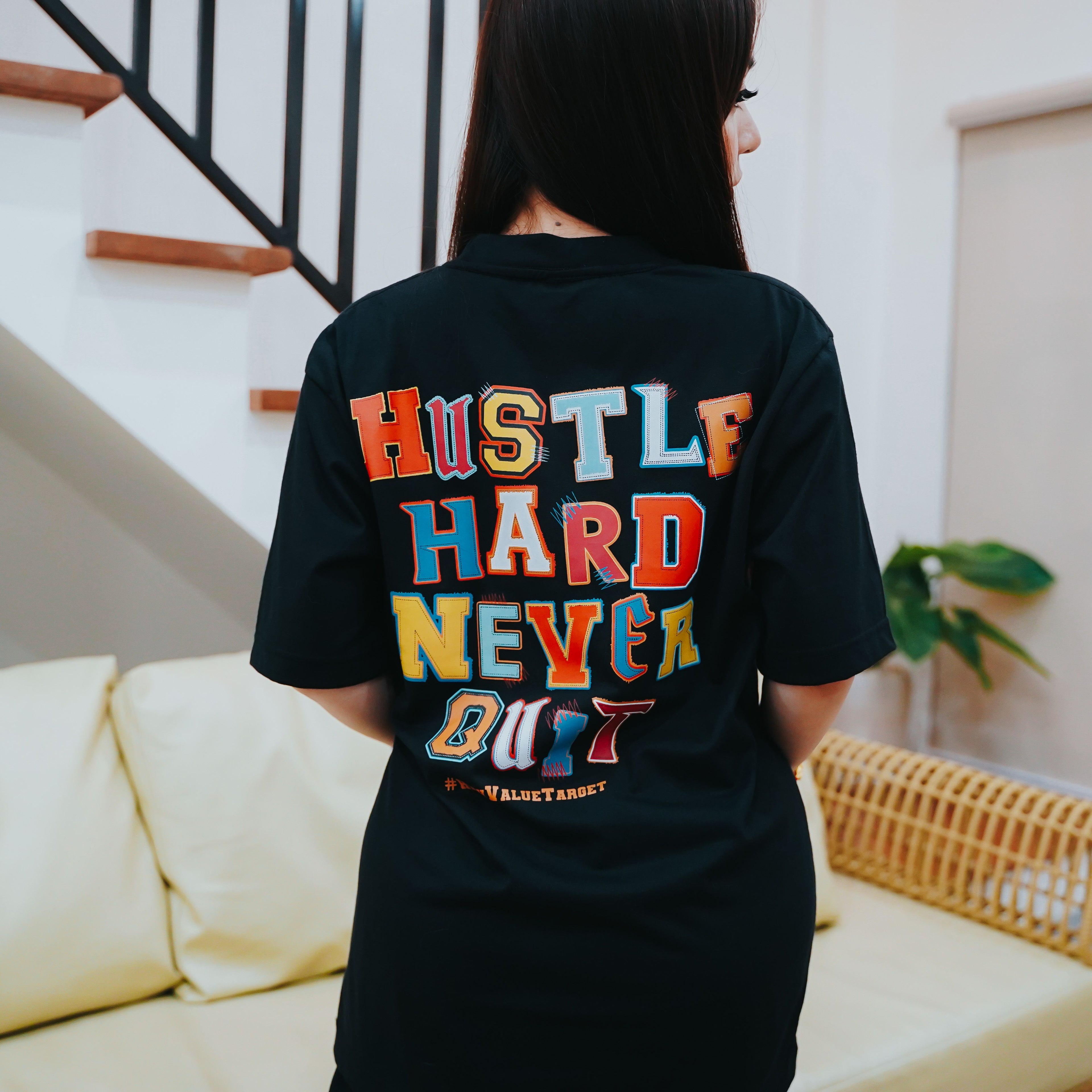HIGH VALUE TARGET "HUSTLE HARD NEVER QUIT " BLACK CVC COTTON UNISEX T-SHIRT