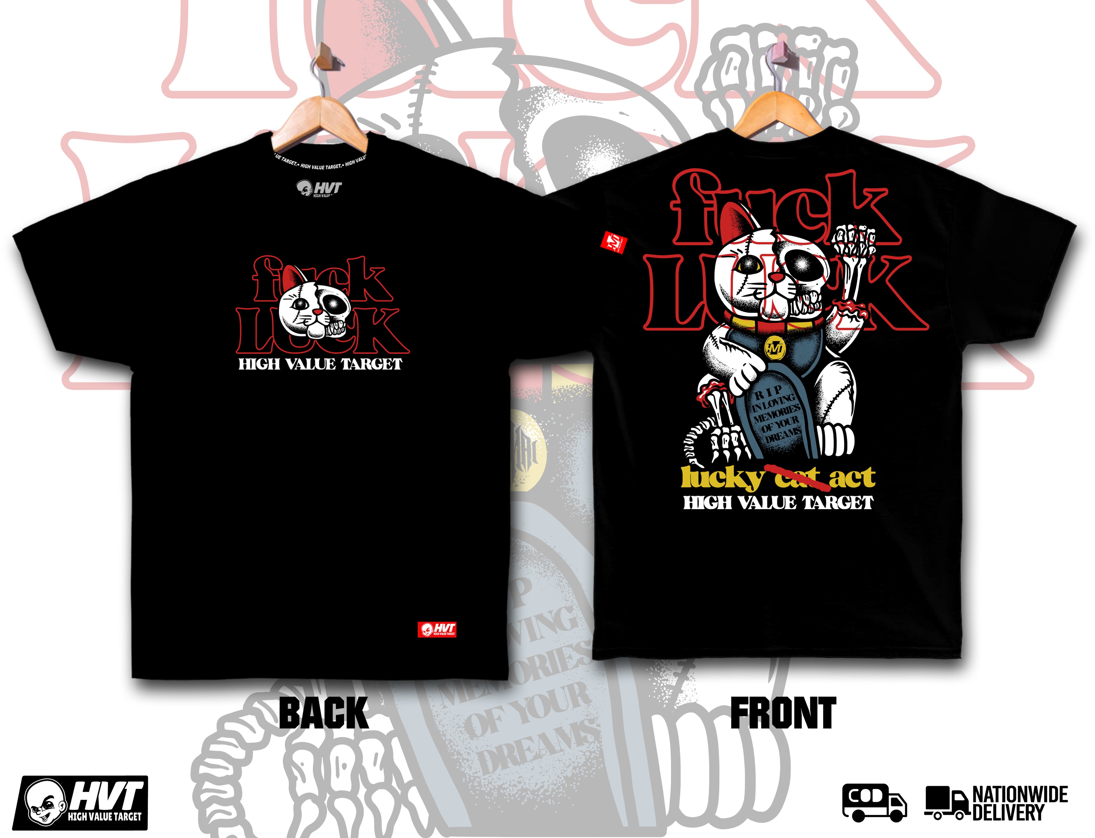 HIGH VALUE TARGET "LUCKY CAT " BLACK CVC COTTON UNISEX T-SHIRT