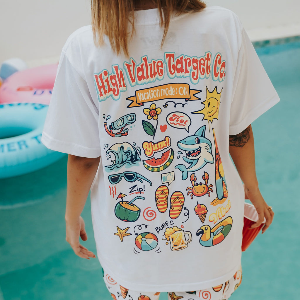 HIGH VALUE TARGET " HVT VACATION MODE ON" WHITE CVC Cotton Unisex T-SHIRT UNISEX