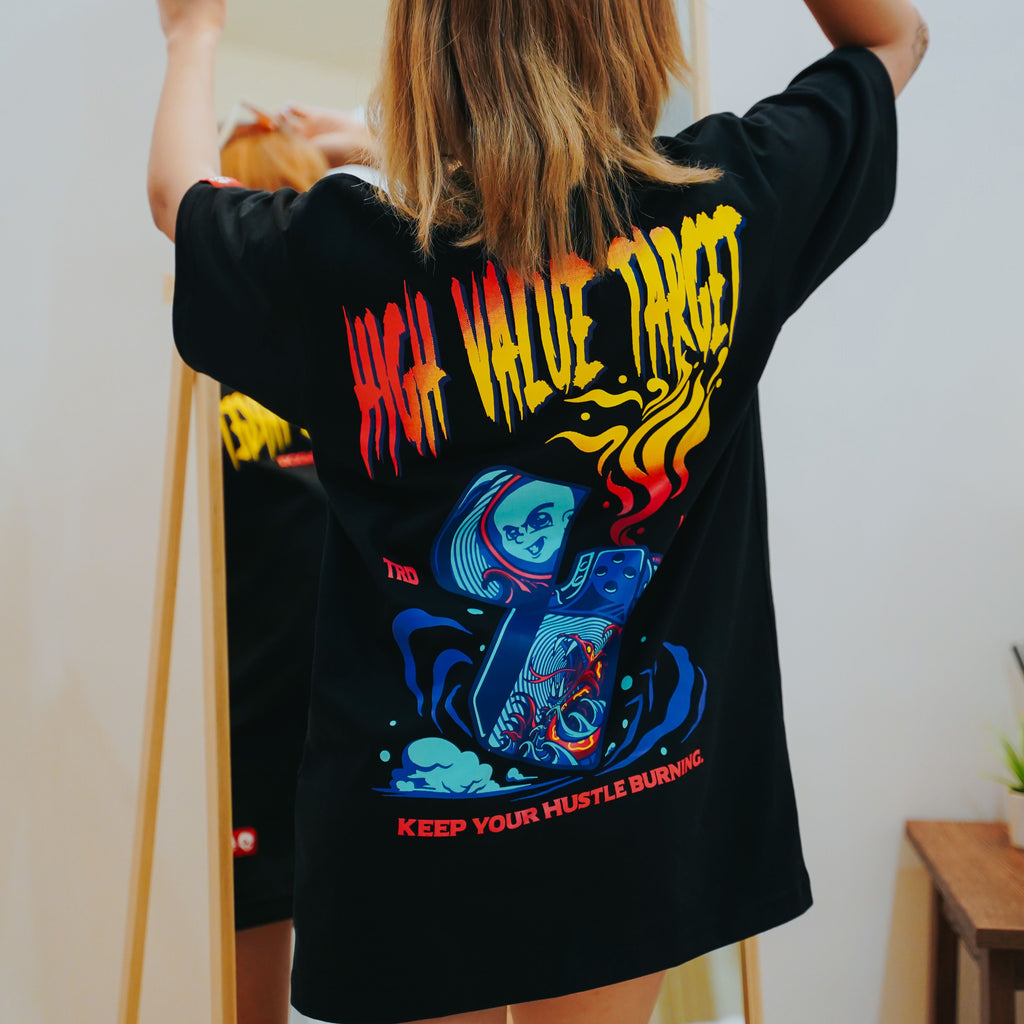 HIGH VALUE TARGET "KEEP YOUR HUSTLE BURNING" BLACK CVC COTTON UNISEX T-SHIRT