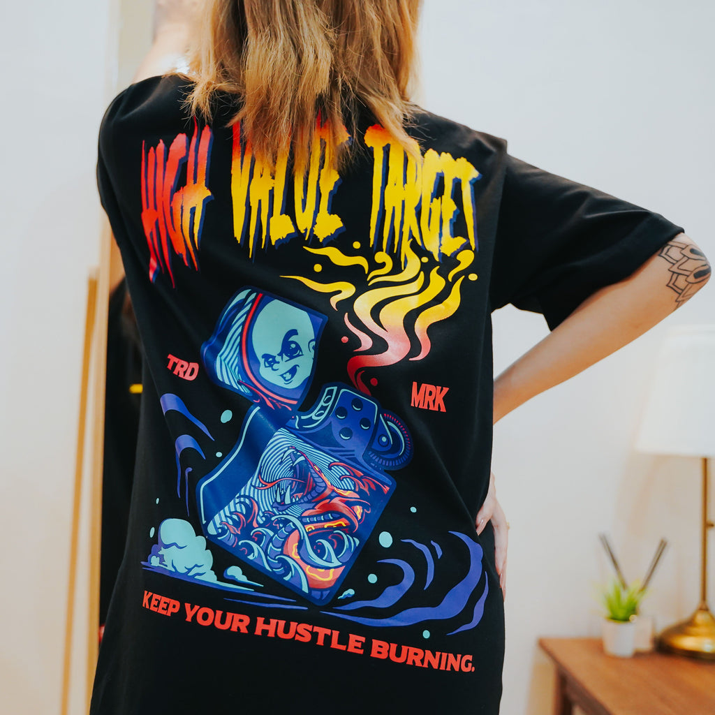 HIGH VALUE TARGET "KEEP YOUR HUSTLE BURNING" BLACK CVC COTTON UNISEX T-SHIRT
