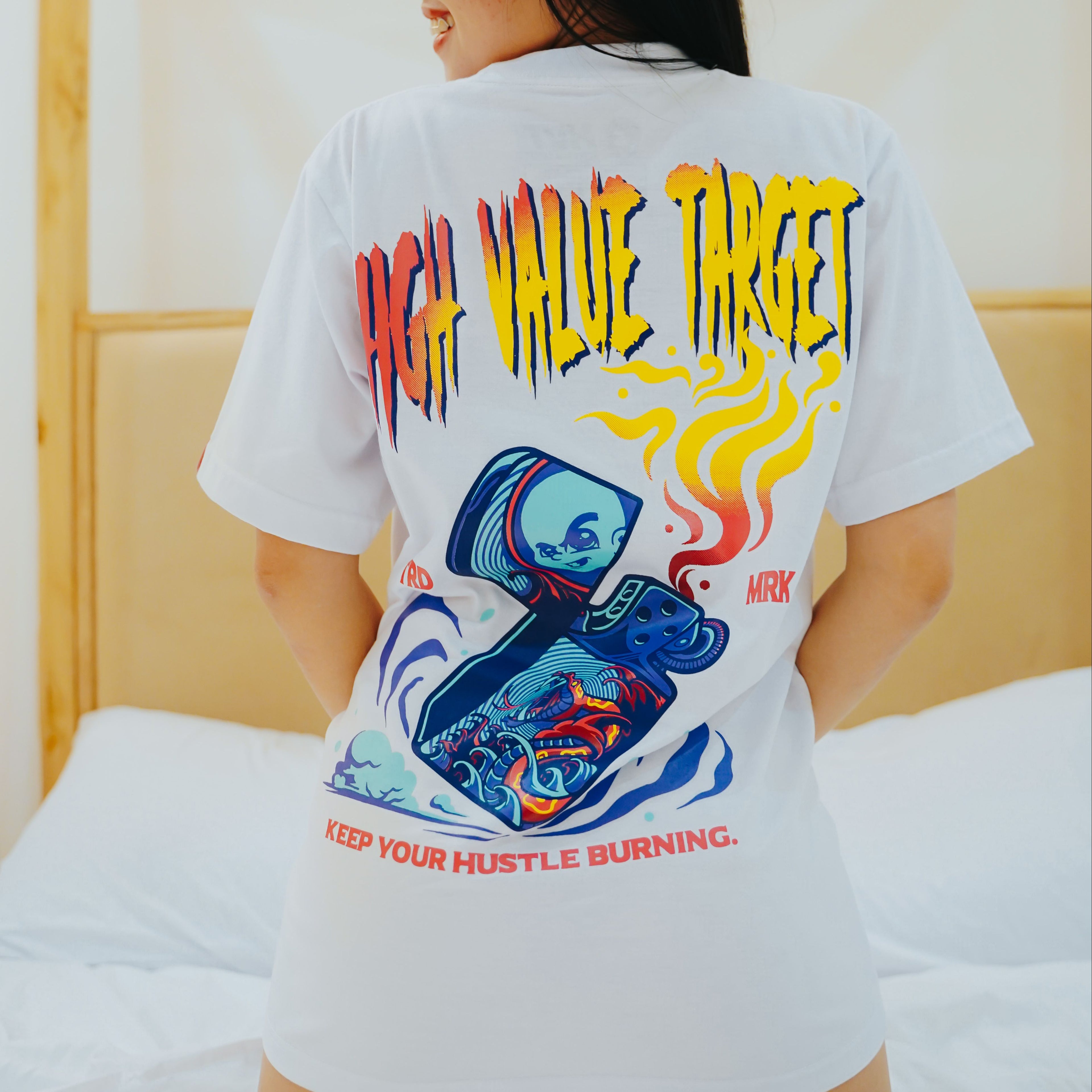HIGH VALUE TARGET "KEEP YOUR HUSTLE BURNING" WHITE CVC COTTON UNISEX T-SHIRT