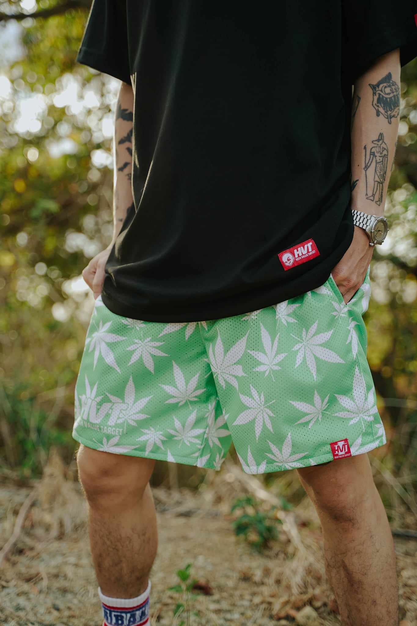 HIGH VALUE TARGET "HVT KUSH" MESH SHORTS -  GREEN WHITE