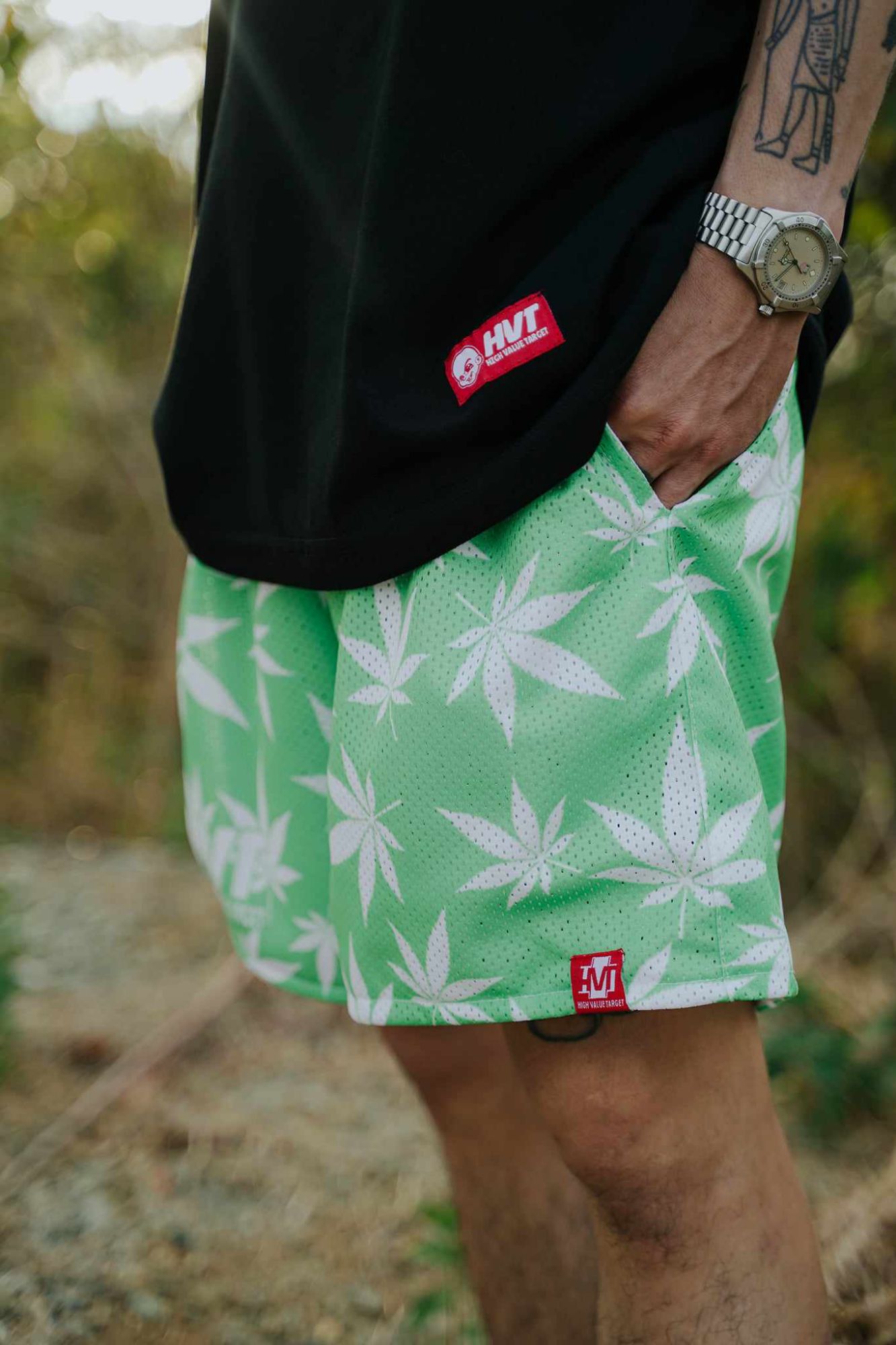 HIGH VALUE TARGET "HVT KUSH" MESH SHORTS -  GREEN WHITE