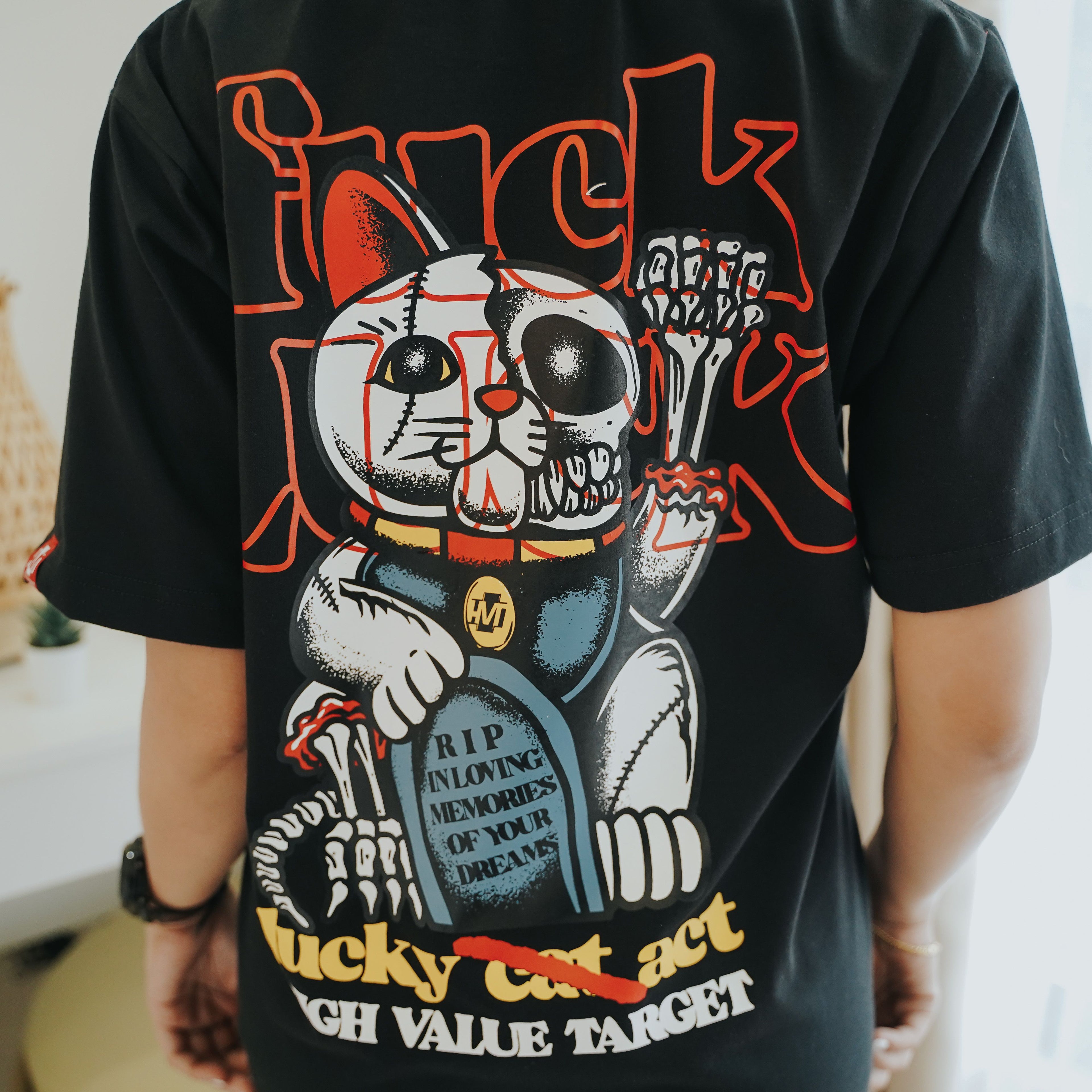 HIGH VALUE TARGET "LUCKY CAT " BLACK CVC COTTON UNISEX T-SHIRT