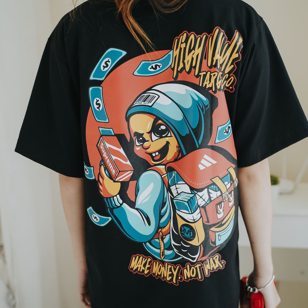 HIGH VALUE TARGET "MAKE MONEY. NOT WAR." BLACK CVC COTTON UNISEX T-SHIRT