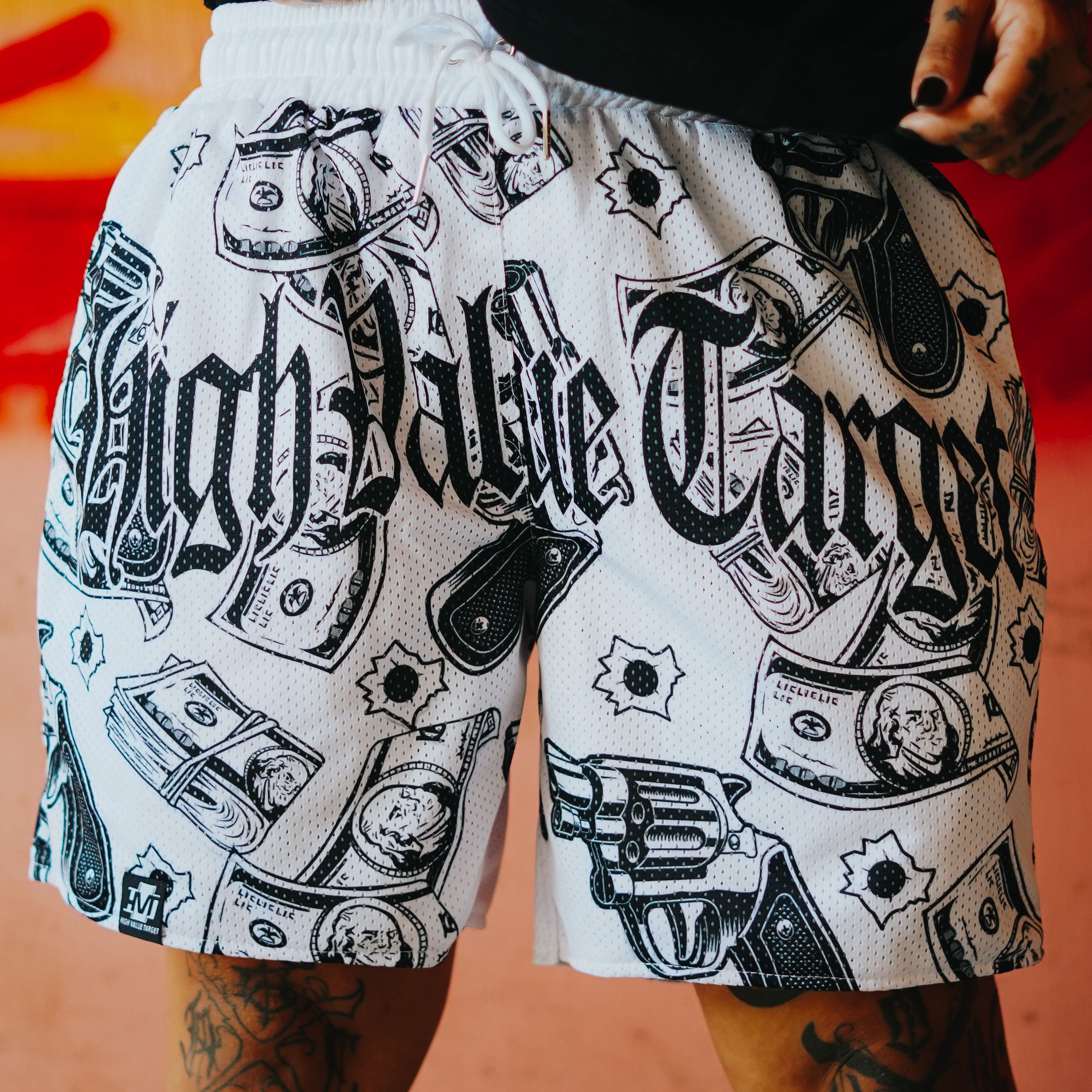 HIGH VALUE TARGET "Money & Gun" MESH SHORTS - WHITE