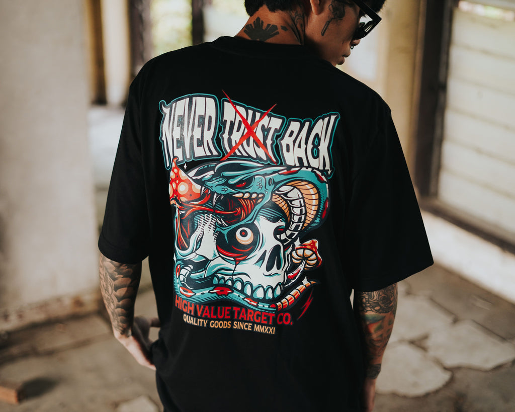 HIGH VALUE TARGET "NEVER TRUST BACK" (Black) CVC Cotton T-Shirt