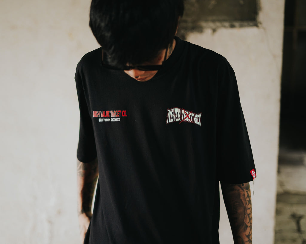 HIGH VALUE TARGET "NEVER TRUST BACK" (Black) CVC Cotton T-Shirt