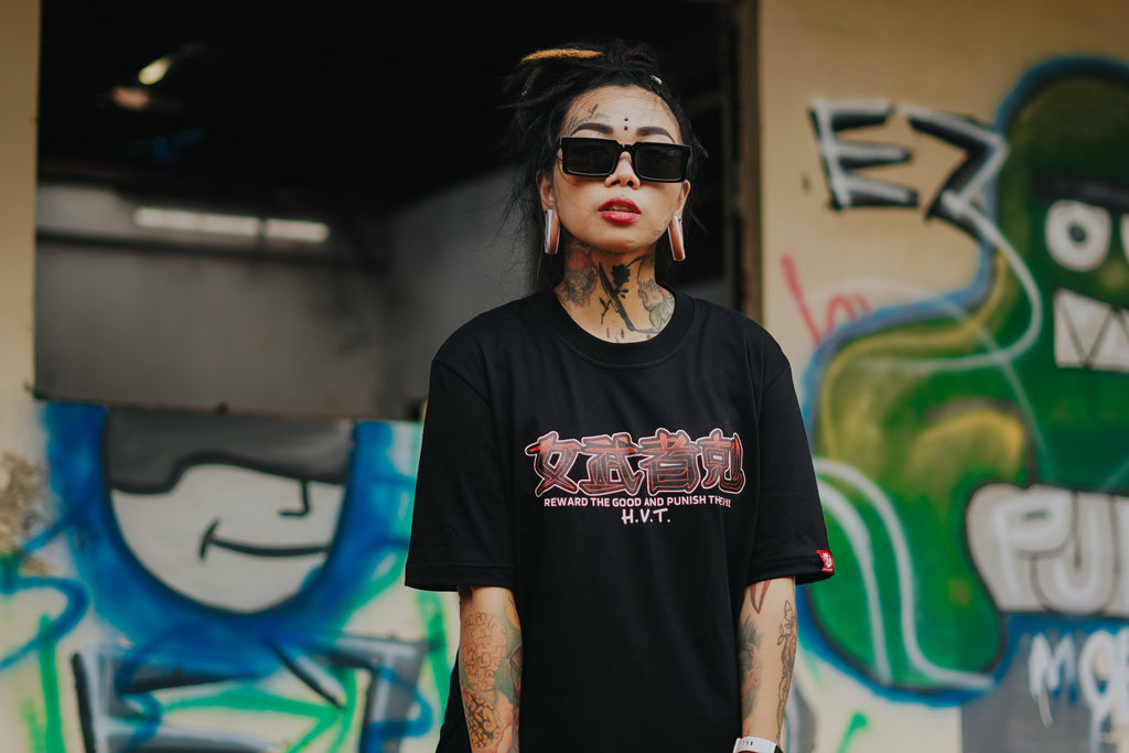 HIGH VALUE TARGET "Onna-musha" (BLACK) CVC Cotton T-Shirt - XS to 2XL