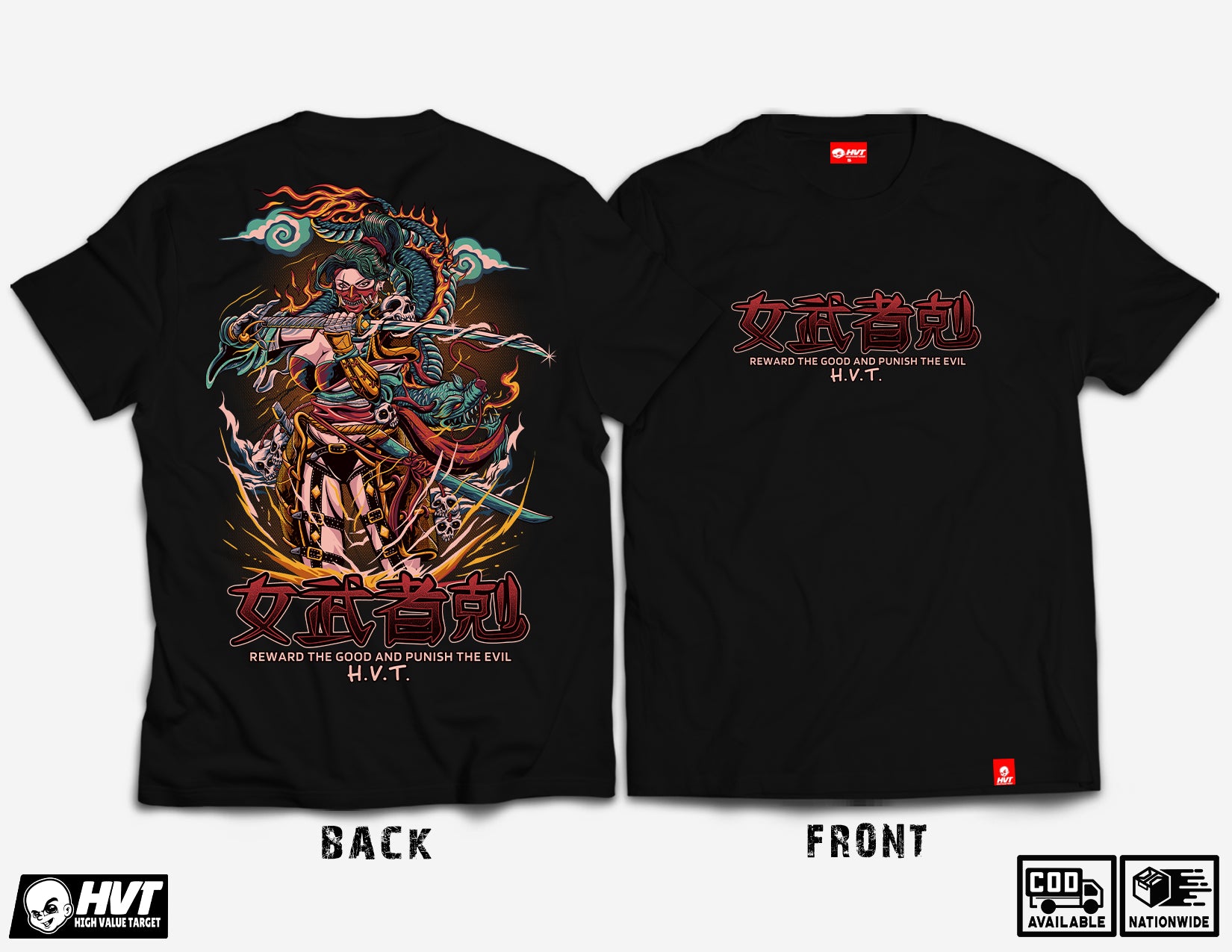 HIGH VALUE TARGET "Onna-musha" (BLACK) CVC Cotton T-Shirt - XS to 2XL