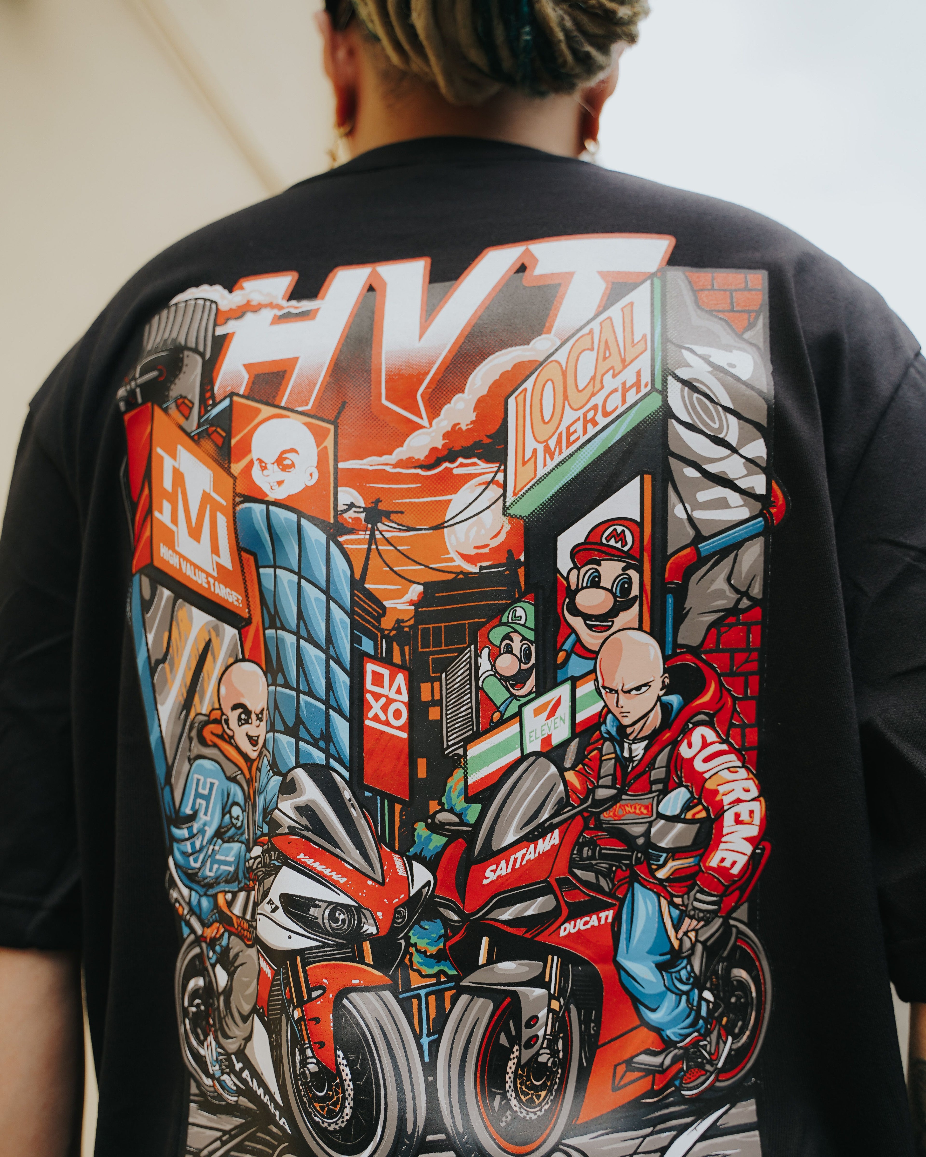 HIGH VALUE TARGET "RIDING IN TANDEM " ONE PUNCH MAN (BLACK) CVC Cotton T-Shirt - UNISEX