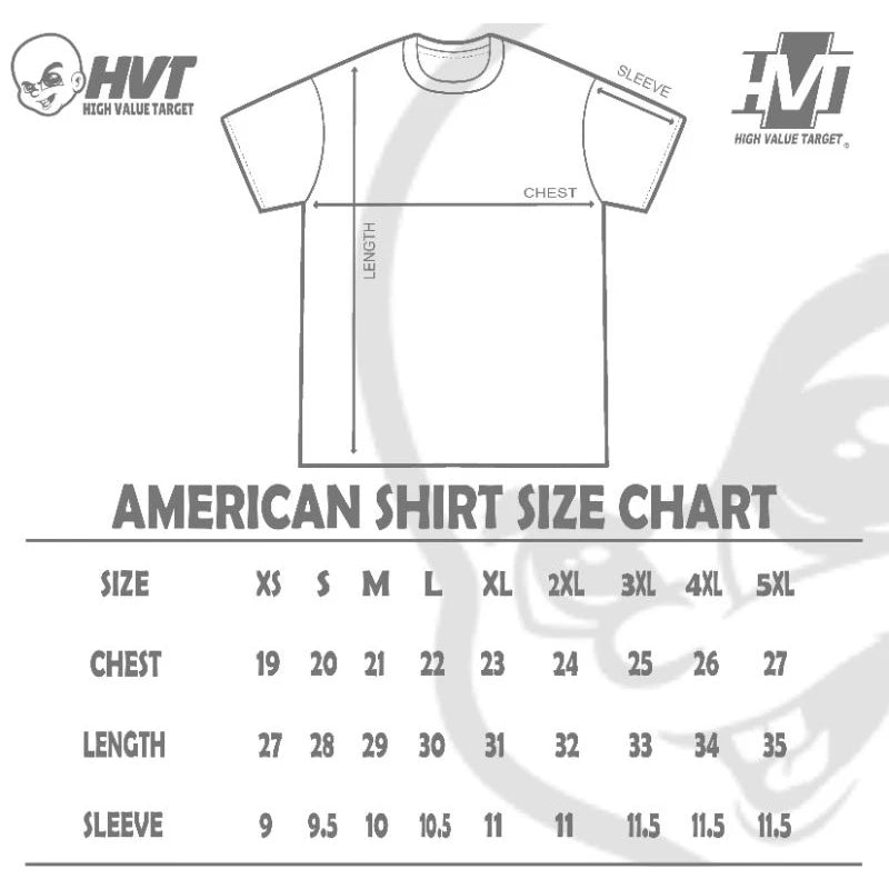 HVT Sizes Chart, High Value Target T-shirt Size Chart