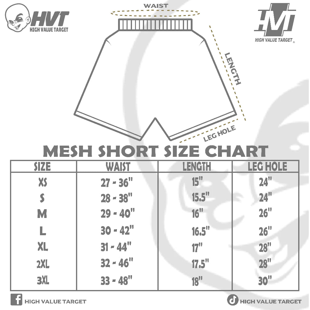 HVT Sizes for shorts, Mesh Short Size Chart