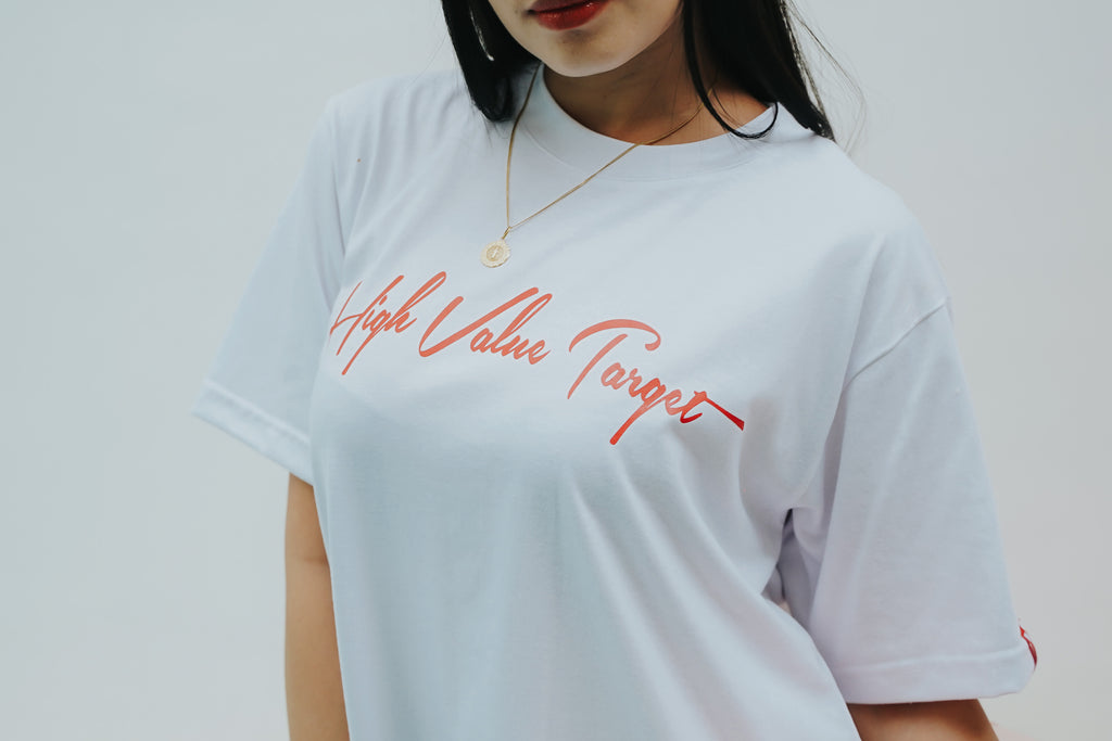 HIGH VALUE TARGET "HVT Tanned and Tipsy" WHITE CVC Cotton Unisex T-SHIRT