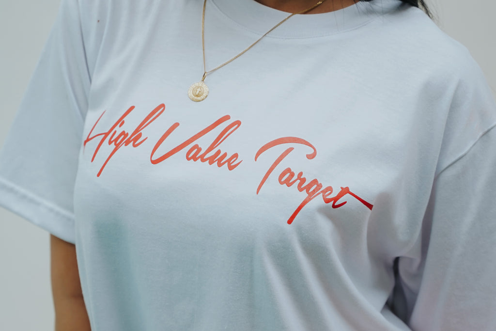 HIGH VALUE TARGET "HVT Tanned and Tipsy" WHITE CVC Cotton Unisex T-SHIRT