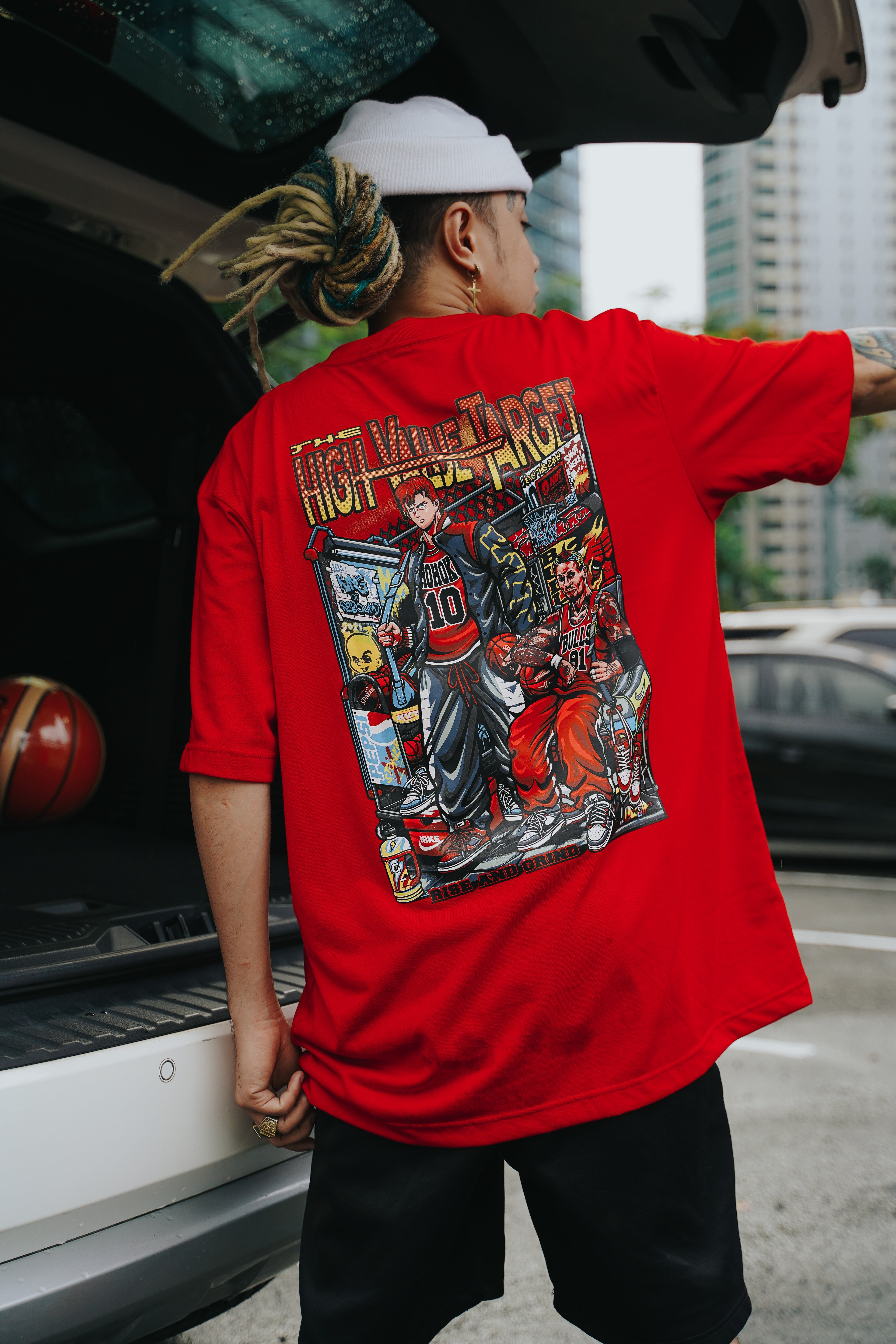 Basketball themed graphic tee with bold typography and animated style artwork