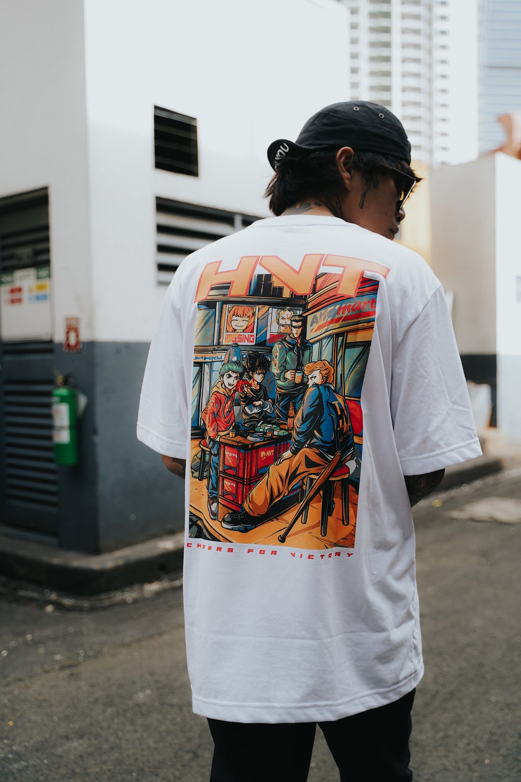 White streetwear T shirt with anime style group design and Cheers for Victory theme