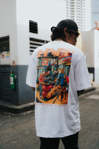 White streetwear T shirt with anime style group design and Cheers for Victory theme