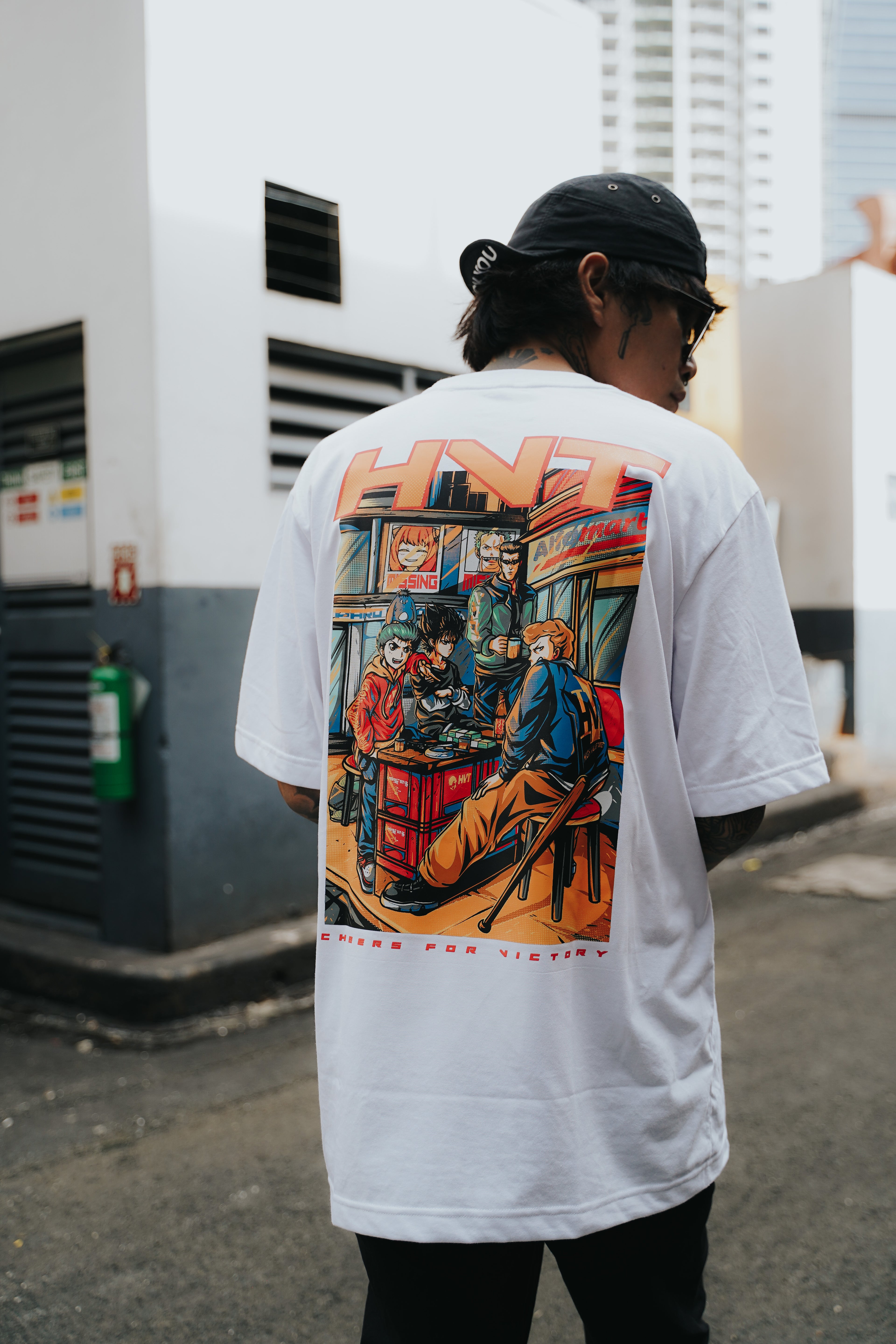 White streetwear T shirt with anime style group design and Cheers for Victory theme