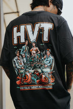 Black streetwear t-shirt featuring anime-style characters gathered at a table filled with cash, bold back graphic