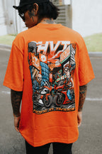 Graphic T shirt with animated riders and motorcycle theme for urban outfit styling