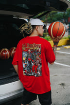 Graphic tee with animated basketball characters and bold hustle themed typography