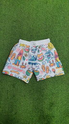 Breathable mesh shorts with Vacation Mode On text and playful travel icons, relaxed summer outfit for casual everyday wear