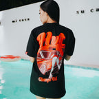 Graphic T shirt with female character and automotive scene for urban fashion use