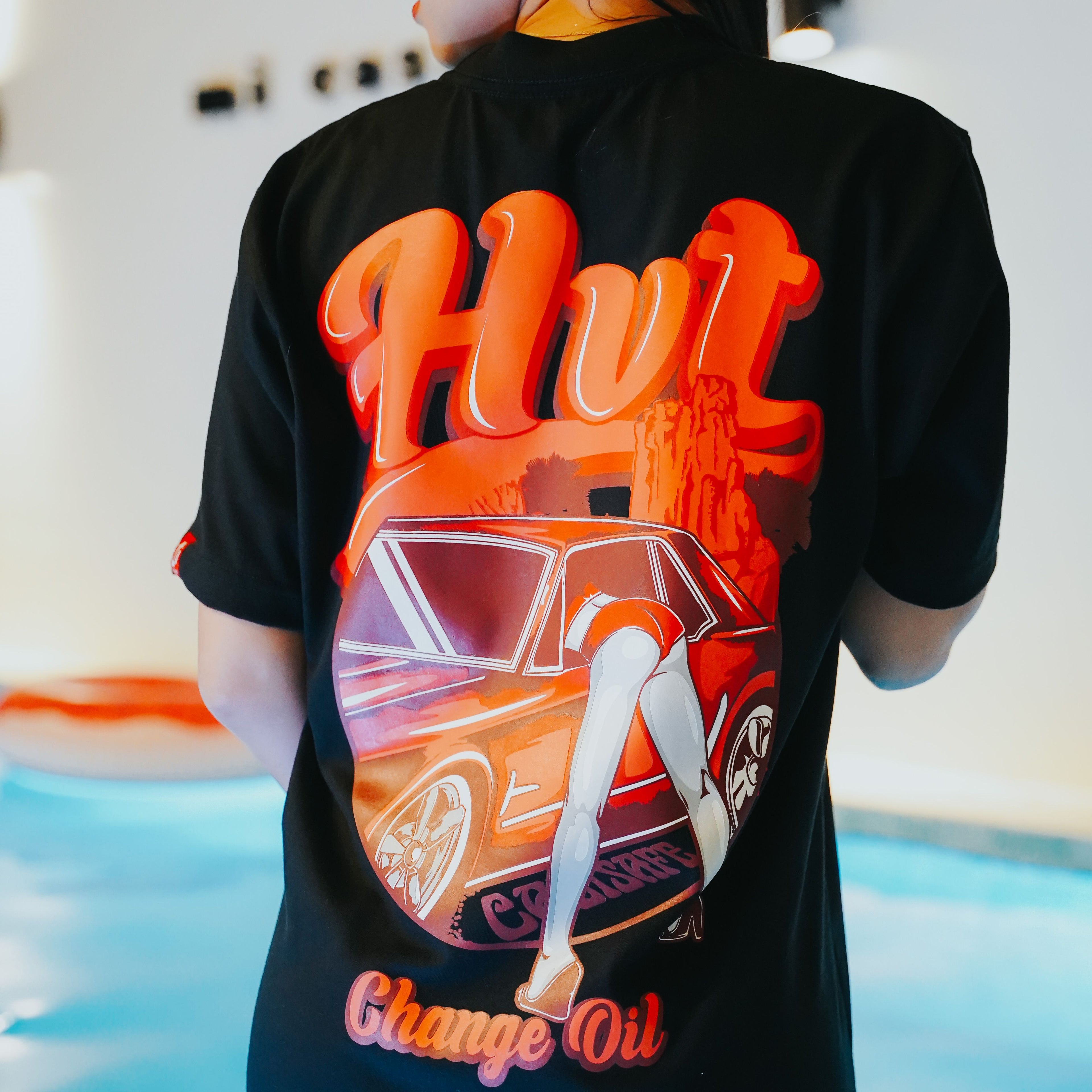 Streetwear T shirt with Change Oil theme and bold automotive style graphic design
