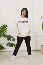 Modern streetwear hoodie with HVT logo on chest, minimal typography design for clean urban fashion outfit