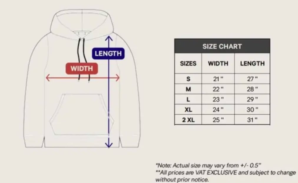 Hoodie size chart showing chest width and length measurements in inches for accurate fit selection