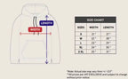 Hoodie size chart showing chest width and length measurements in inches for accurate fit selection