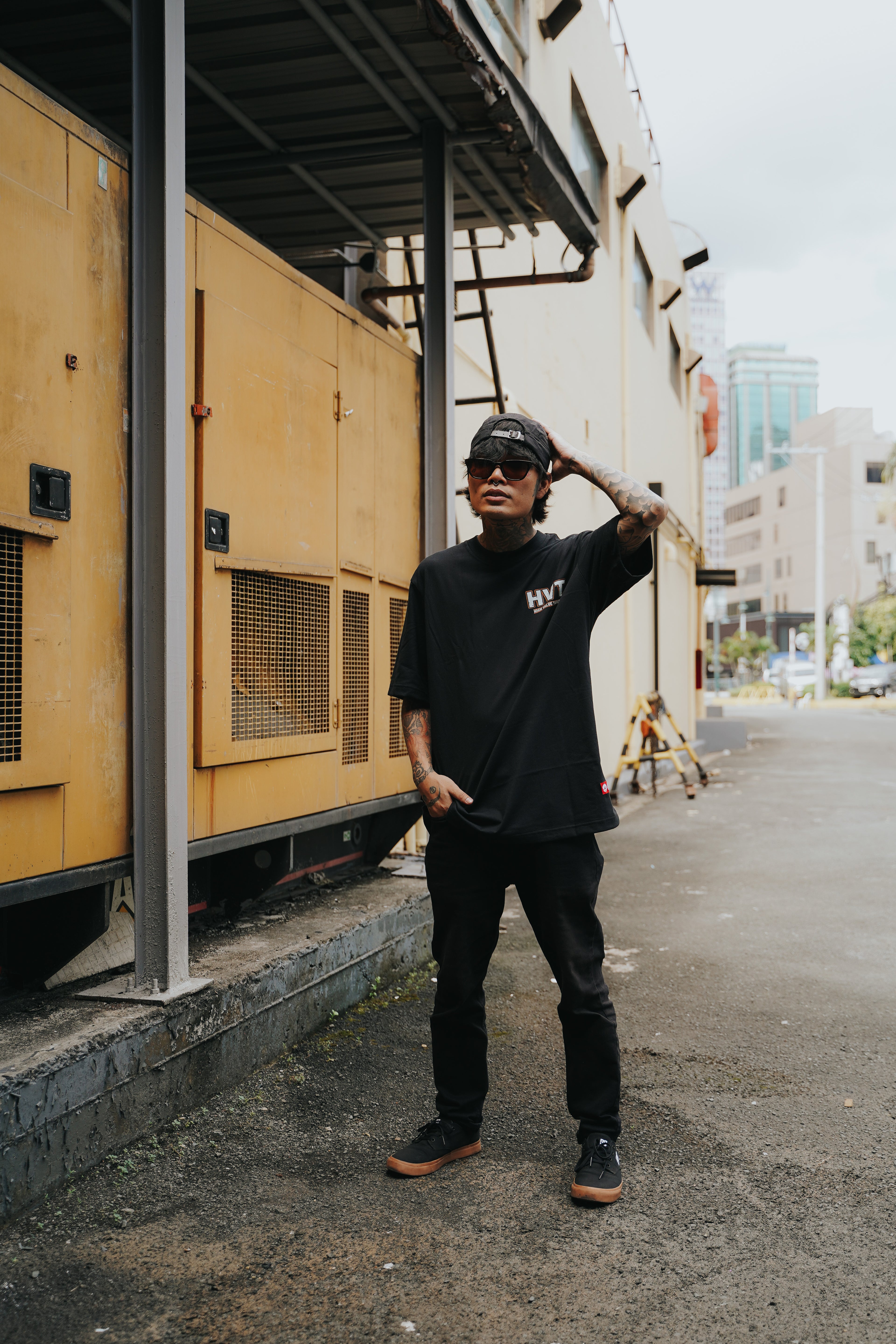 Urban fashion t-shirt with HVT logo print on chest area, sleek minimal design for everyday streetwear outfit