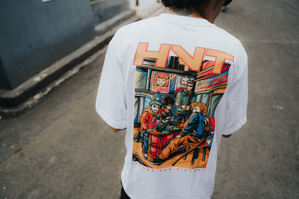 Cheers for Victory T shirt with anime style group sitting at table design