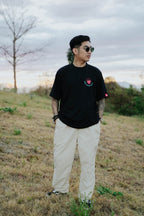Urban fashion t-shirt with fire heart illustration and High Value Target text, bold front design for streetwear look