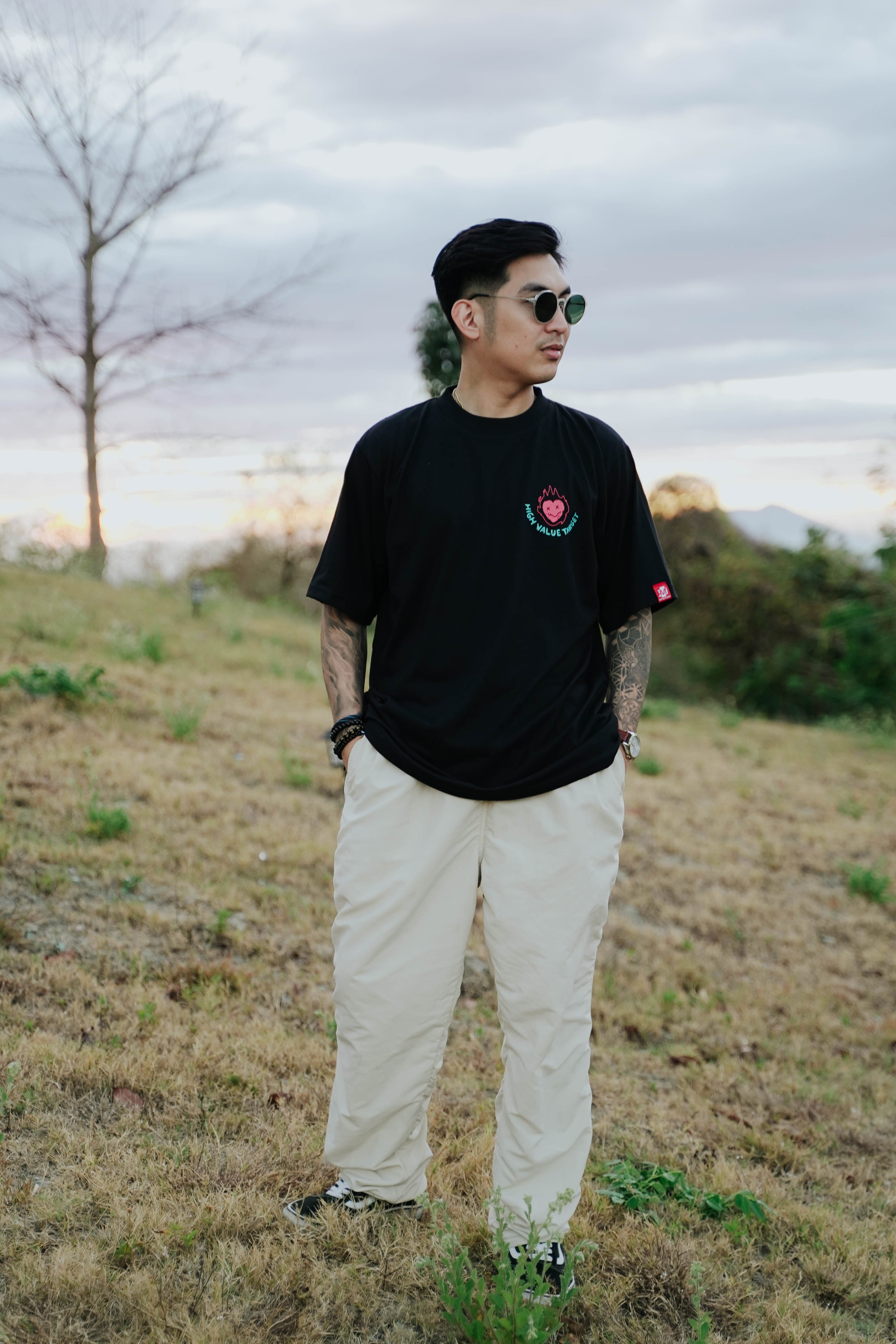 Urban fashion t-shirt with fire heart illustration and High Value Target text, bold front design for streetwear look